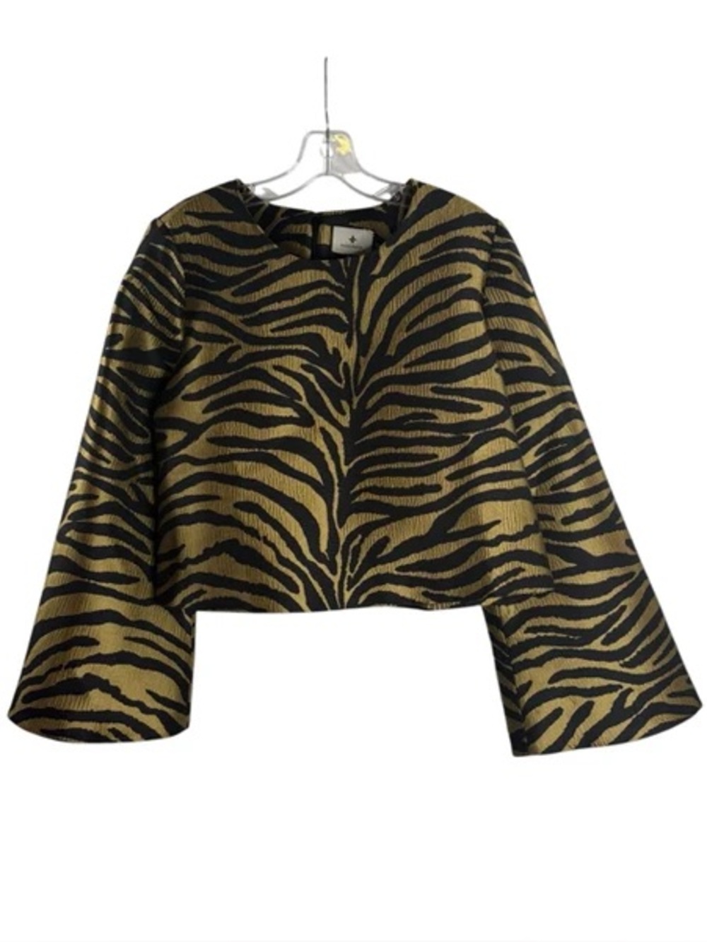 TUCKERNUCK Women’s Black and Gold Zebra Cropped Bell Sleeve Top $128